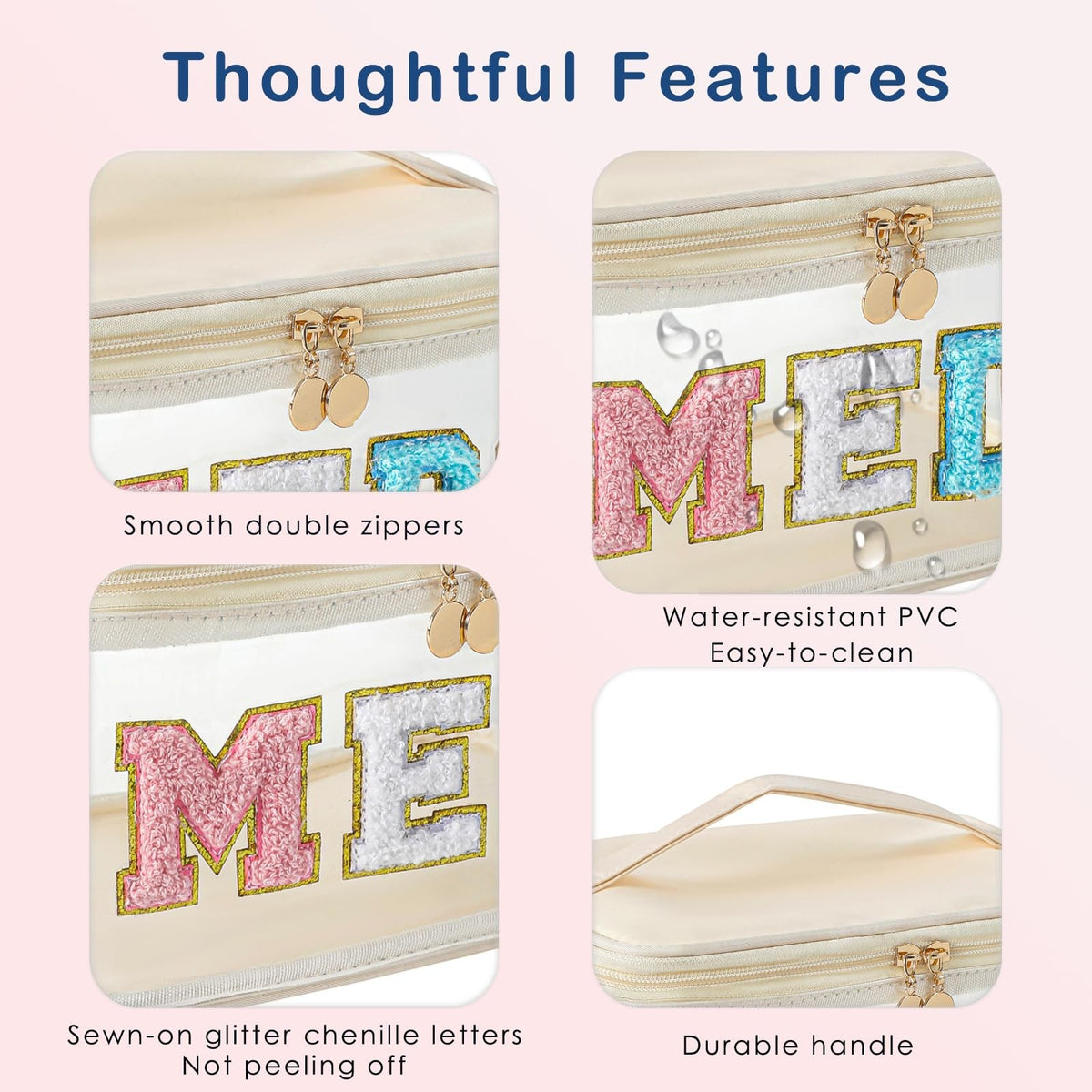 Large Waterproof Chenille Letter Clear Makeup Bag Travel Organizer