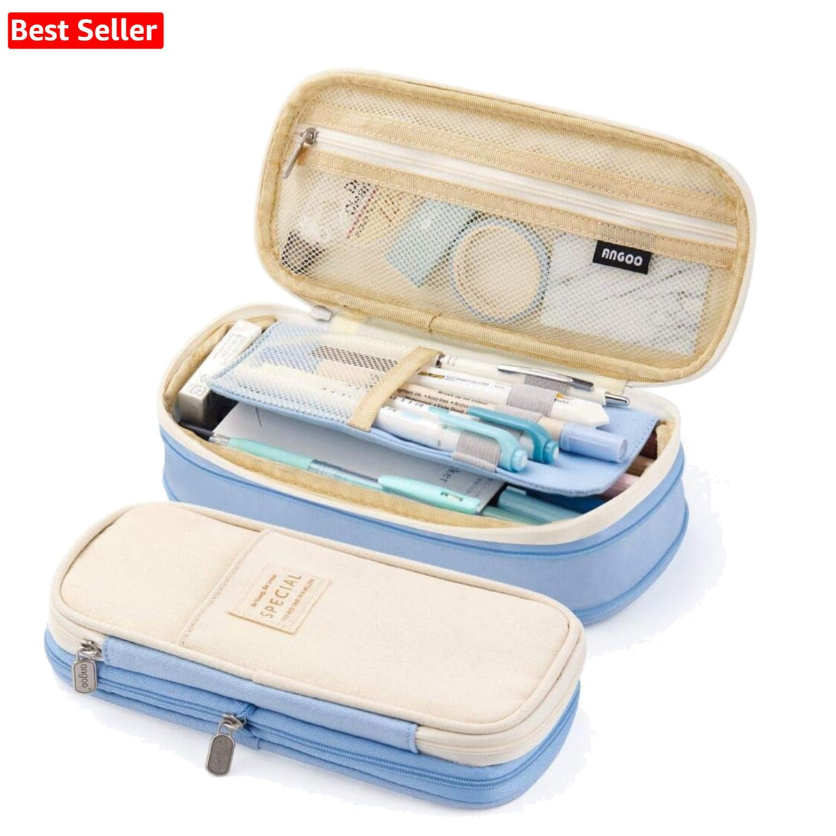 Spacious Light Blue Pencil Case - Multi-Function Office & School Organizer
