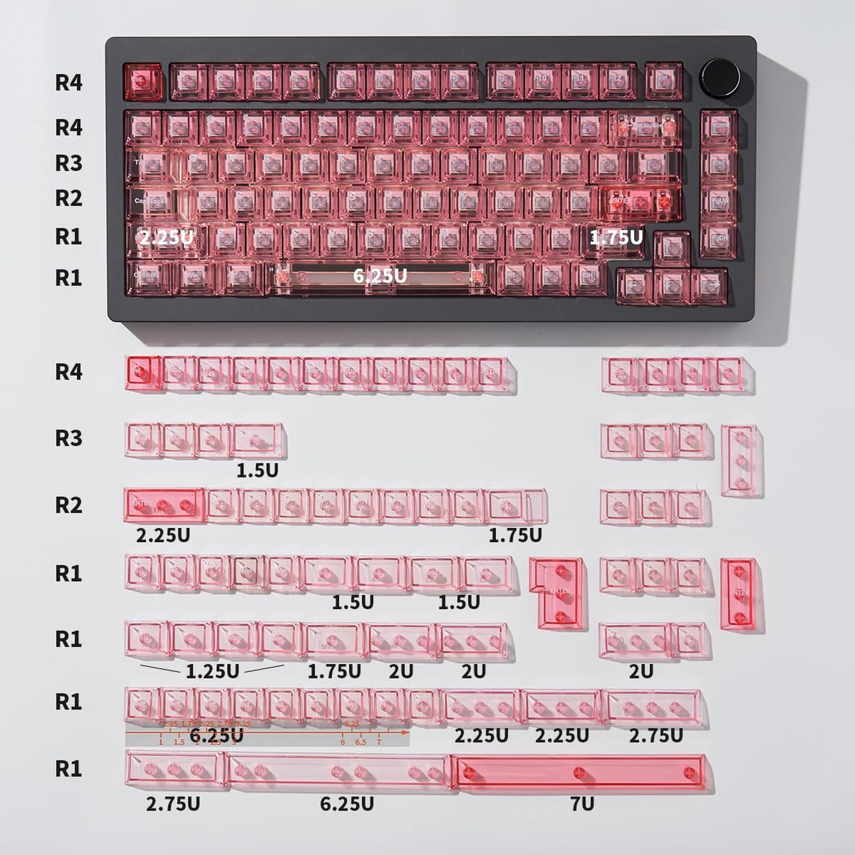 Pink Crystal Clear Keycap Set for Mechanical Gaming Keyboard - 156 Keys Cherry Profile