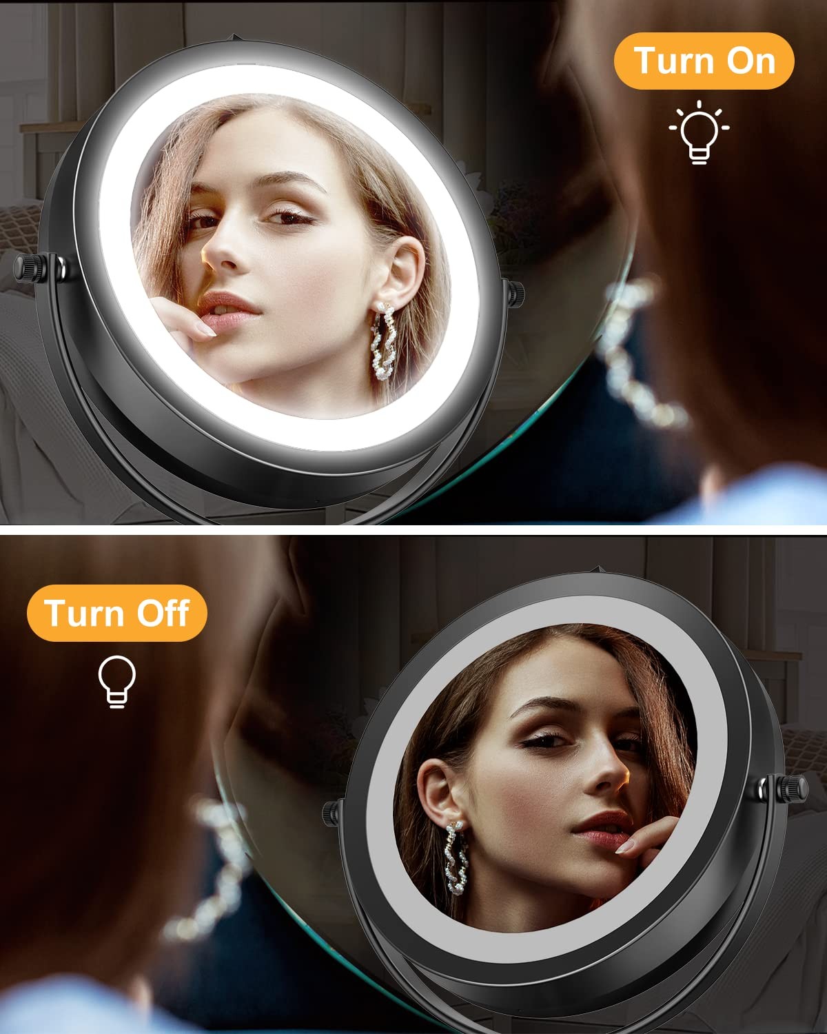 7-Inch Lighted Double-Sided Makeup Mirror with 10X Magnification and LED Lighting