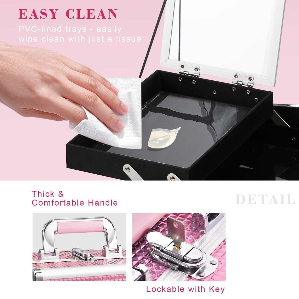 Large Pink Makeup Train Case with Mirror and Lockable Compartments