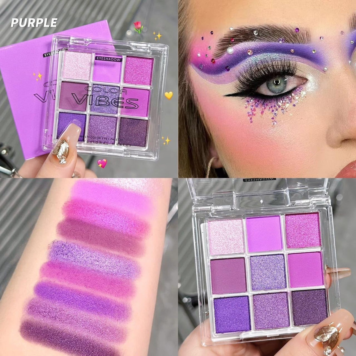 9-Color Purple Eyeshadow Palette - High Pigment, Matte, Shimmer & Glitter Finishes