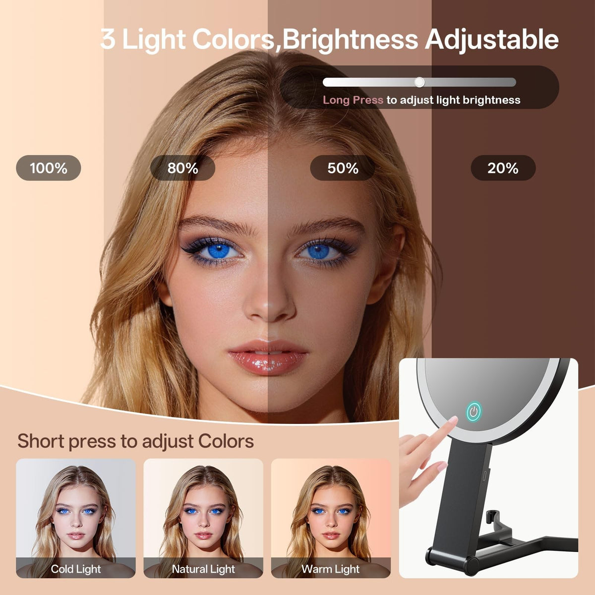 Double Sided Makeup Mirror with 40X Magnification and 3 Color LED Lights - Portable Handheld Mirror
