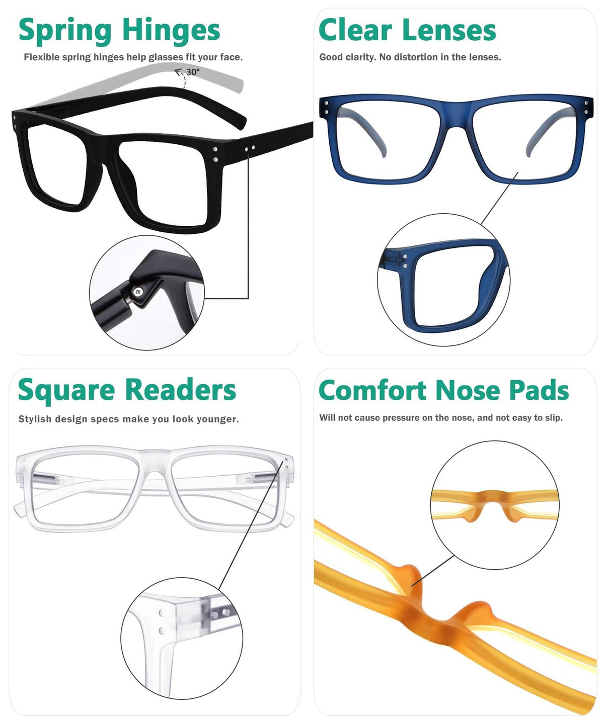 Oversized Square Reading Glasses +1.50 5-Pack Mix Color for Men & Women