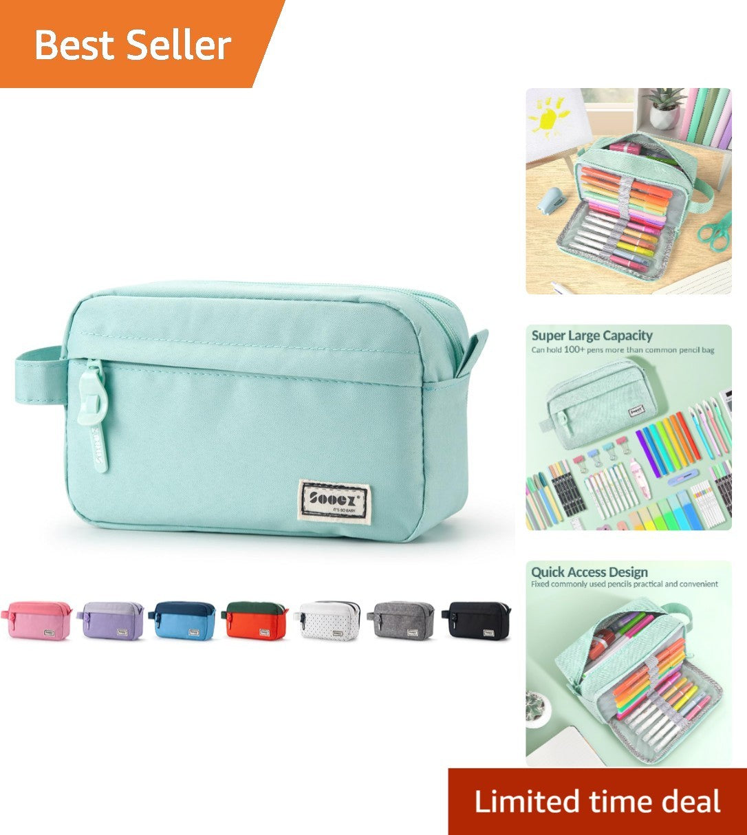 Large Mint Green Pencil Case with Handle, Multiple Compartments & Zipper
