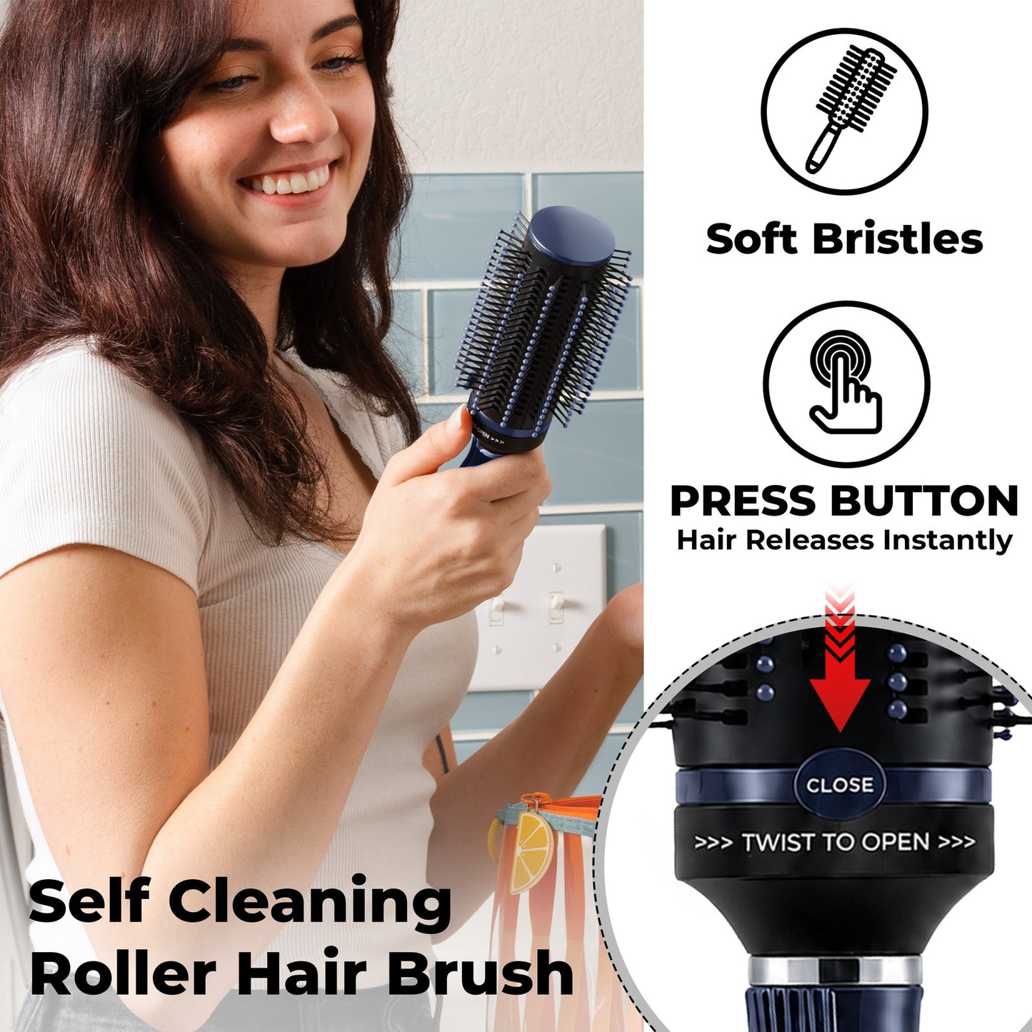 Self-Cleaning Retractable Hair Brush for Women - Navy