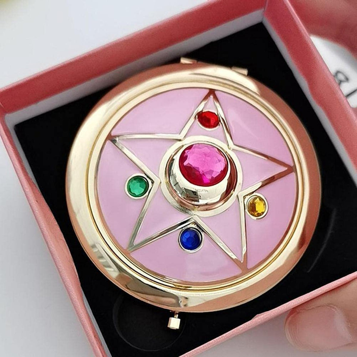 Anime Star Makeup Mirror - Portable Pink Compact Handheld Crystal Design