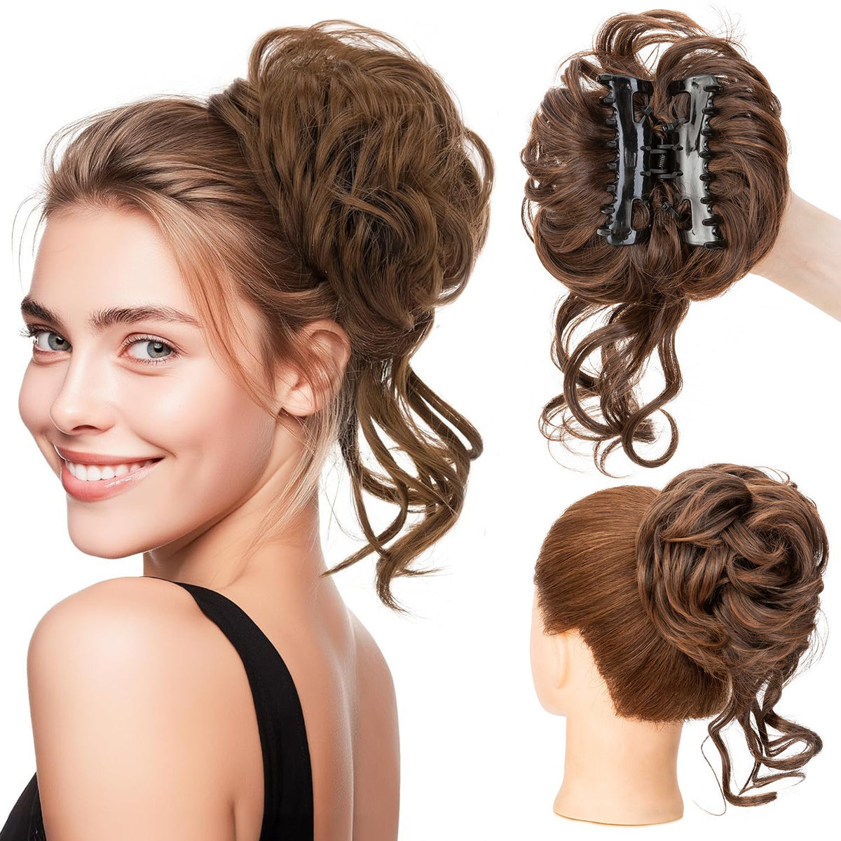 Thick Messy Curly Hair Bun Claw Clip Extensions - Multiple Colors & Lengths