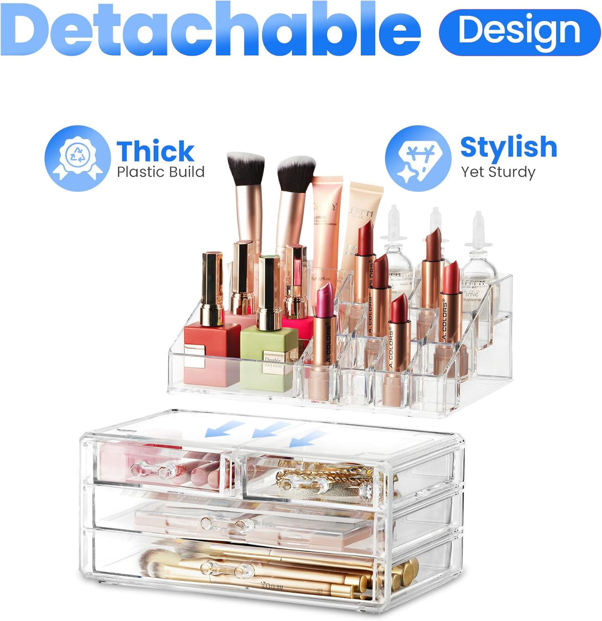 Clear Makeup Organizer with 4 Drawers & 16 Compartments for Vanity Storage