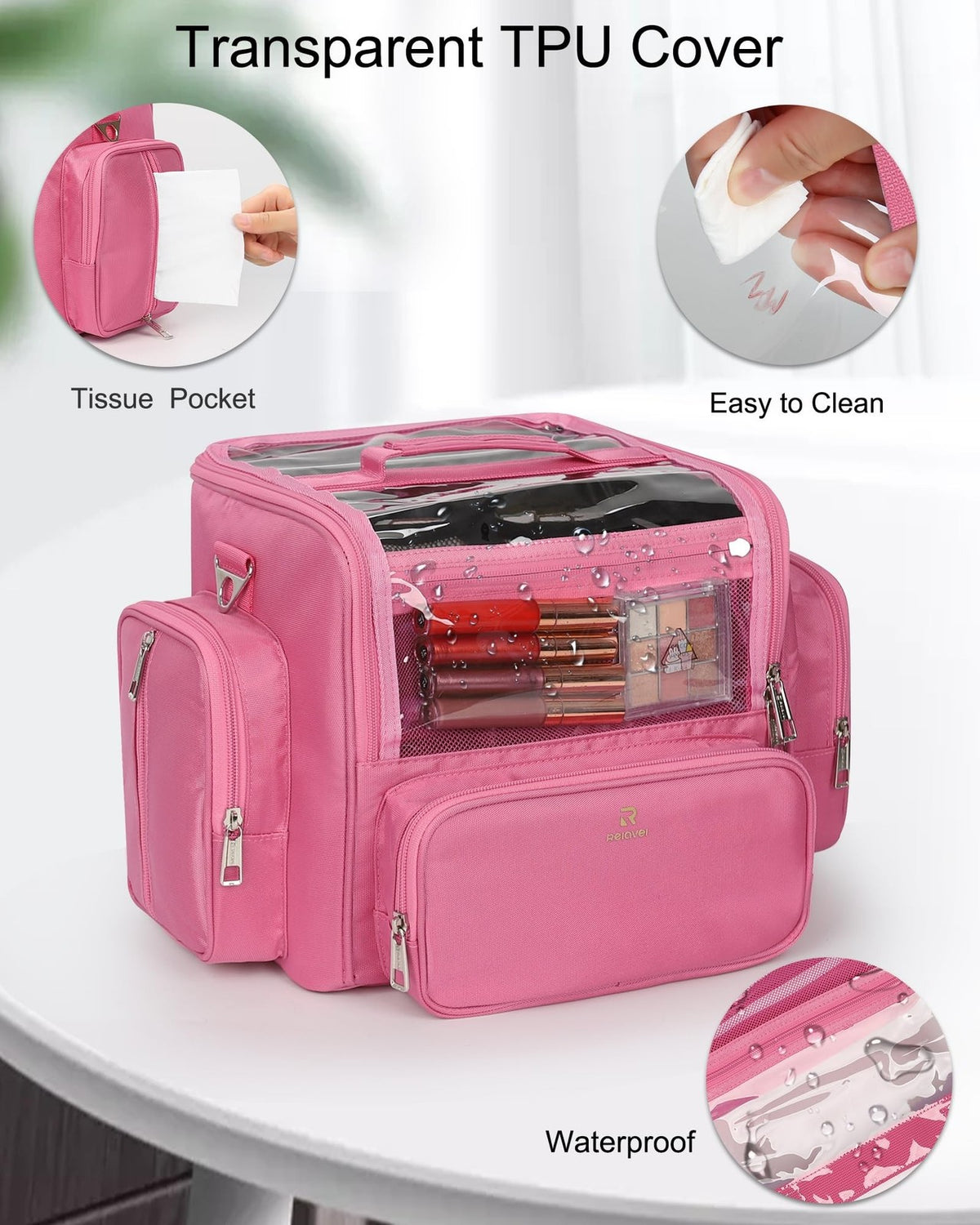 Large Pink Makeup Brush Bag with Clear Lid and Adjustable Dividers