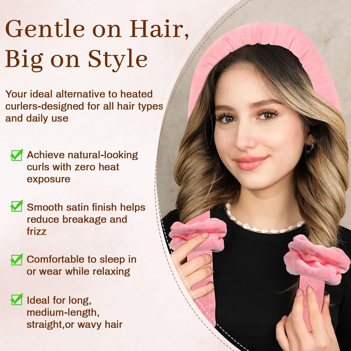 Velvet Heatless Hair Curler Set - 5Pcs, No Heat, Deep Pink