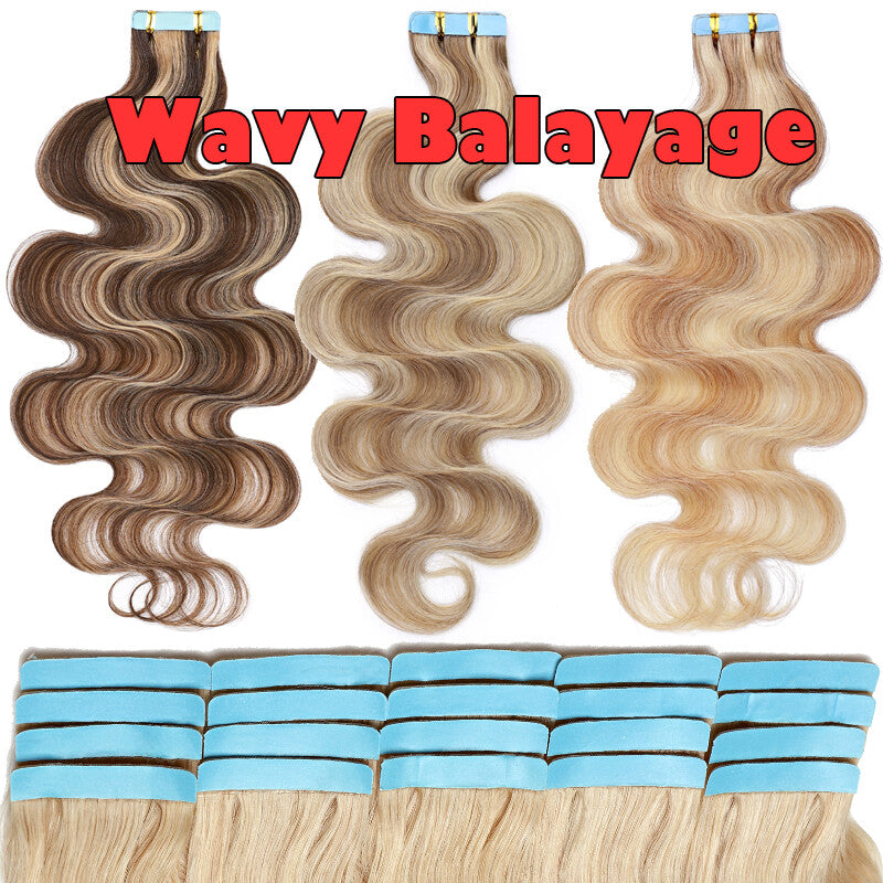 Remy Human Hair Extensions Tape In Full Head Wavy Balayage 200g
