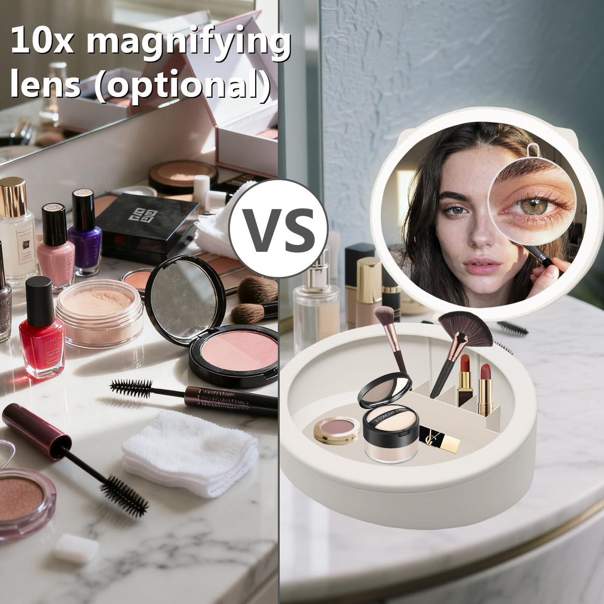 LED Makeup Mirror with Storage - 10X/1X Magnification, 66 LED Lights, Dimmable, USB Rechargeable, Portable Vanity Mirror