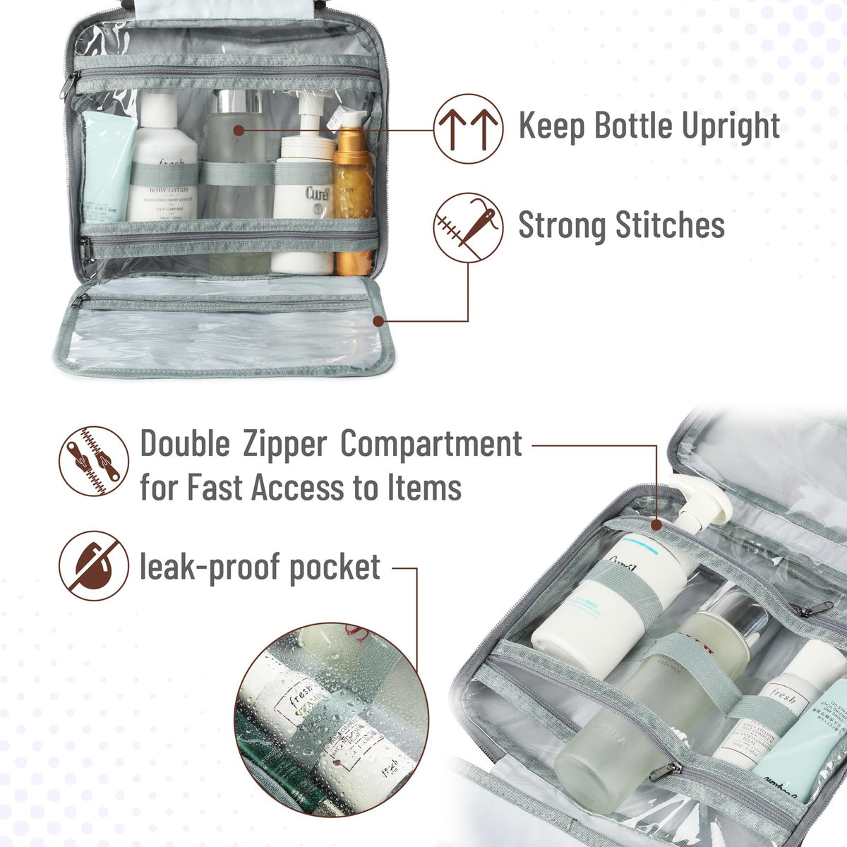 Travel Toiletry Bag for Women & Men with Hanging Hook, Water-Resistant Black
