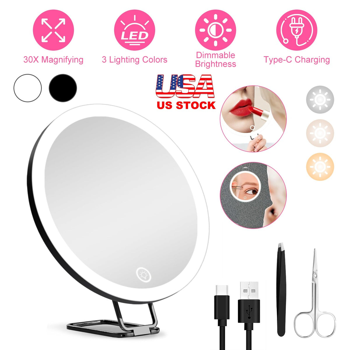 Magnifying Makeup Mirror with Light 30X Double-Sided Dimmable LED