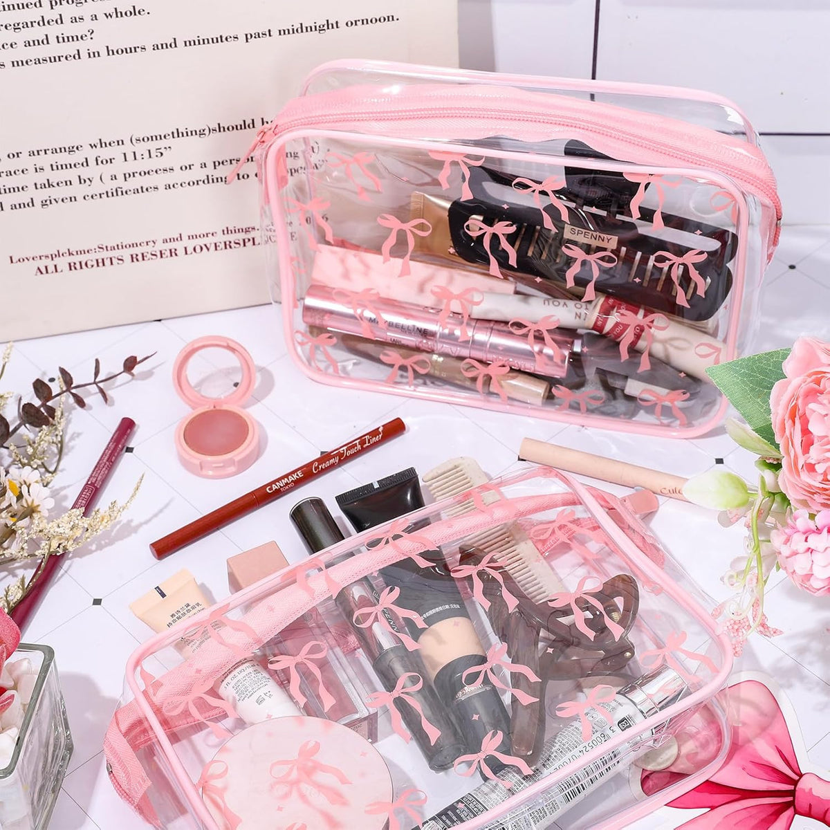 Pink Bow Clear Makeup Bags Set - Waterproof Cosmetic Travel Pouches for Women