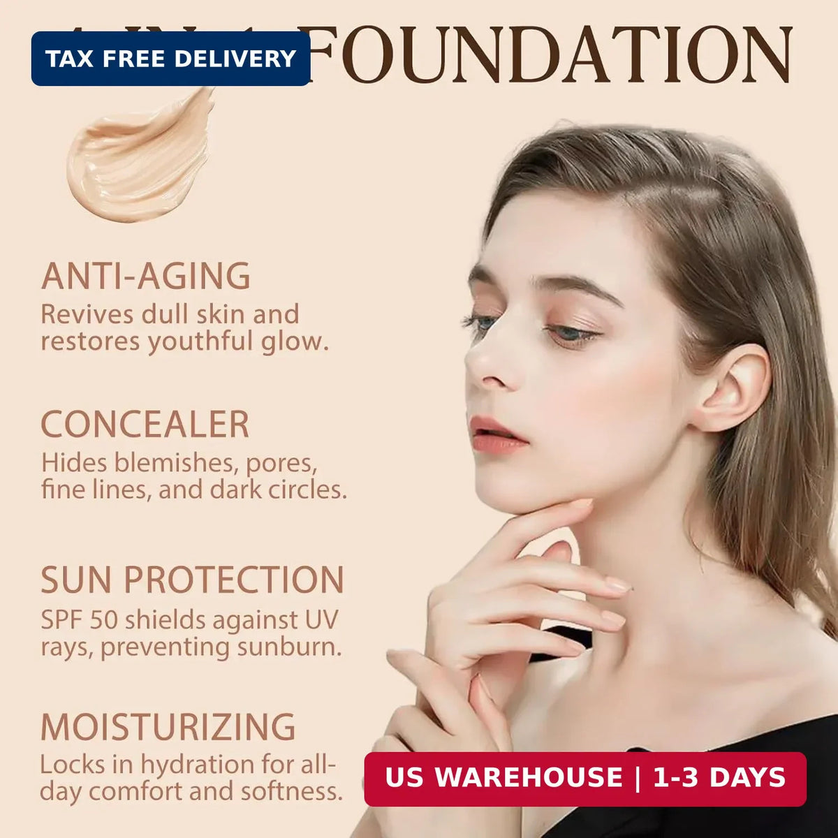 4-in-1 Waterproof Foundation with SPF 50+ Color Changing Longwearing Makeup