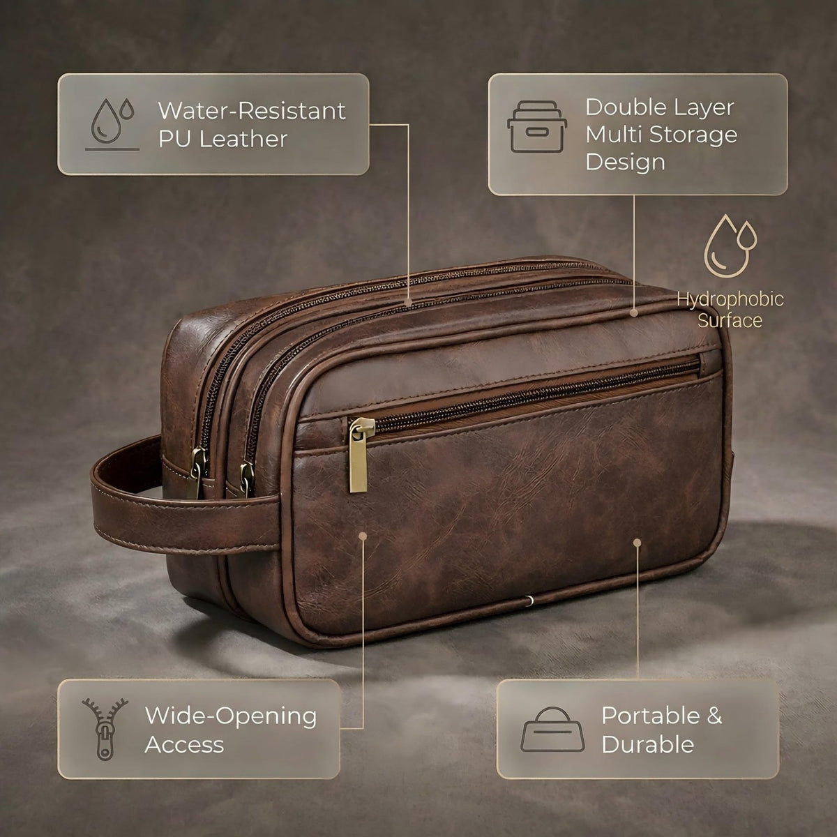 Men's Travel Toiletry Bag Leather Waterproof Shaving Organizer - Large Capacity