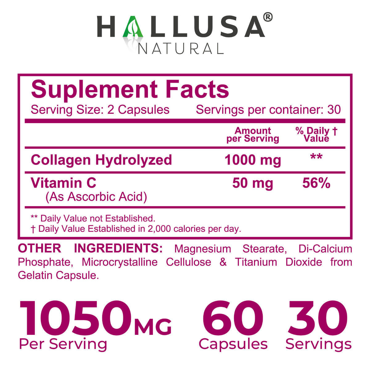 Hydrolyzed Collagen 1000mg with Vitamin C Capsules for Skin Hair Nails - Anti-Aging Support