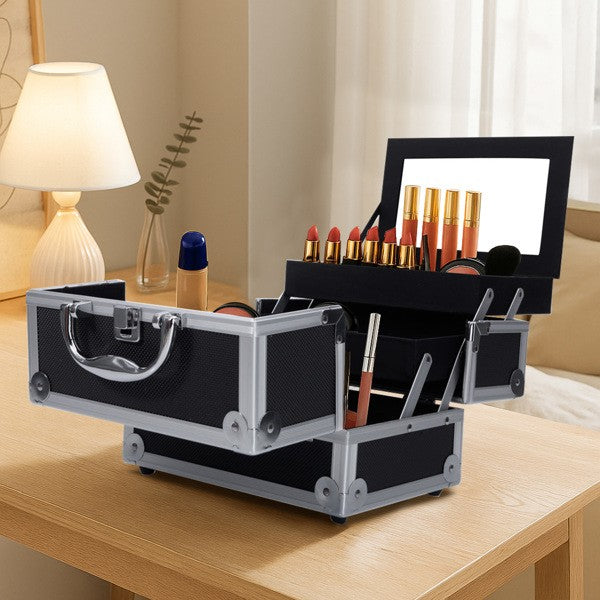 Portable Aluminum Makeup Storage Bag with Mirror & Key - Black