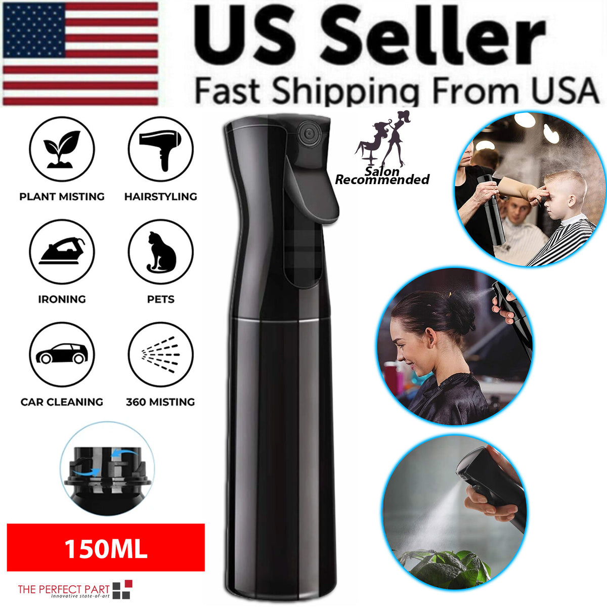 Continuous Mist Hair Spray Bottle with Fine Spray Nozzle - Salon & Home Use