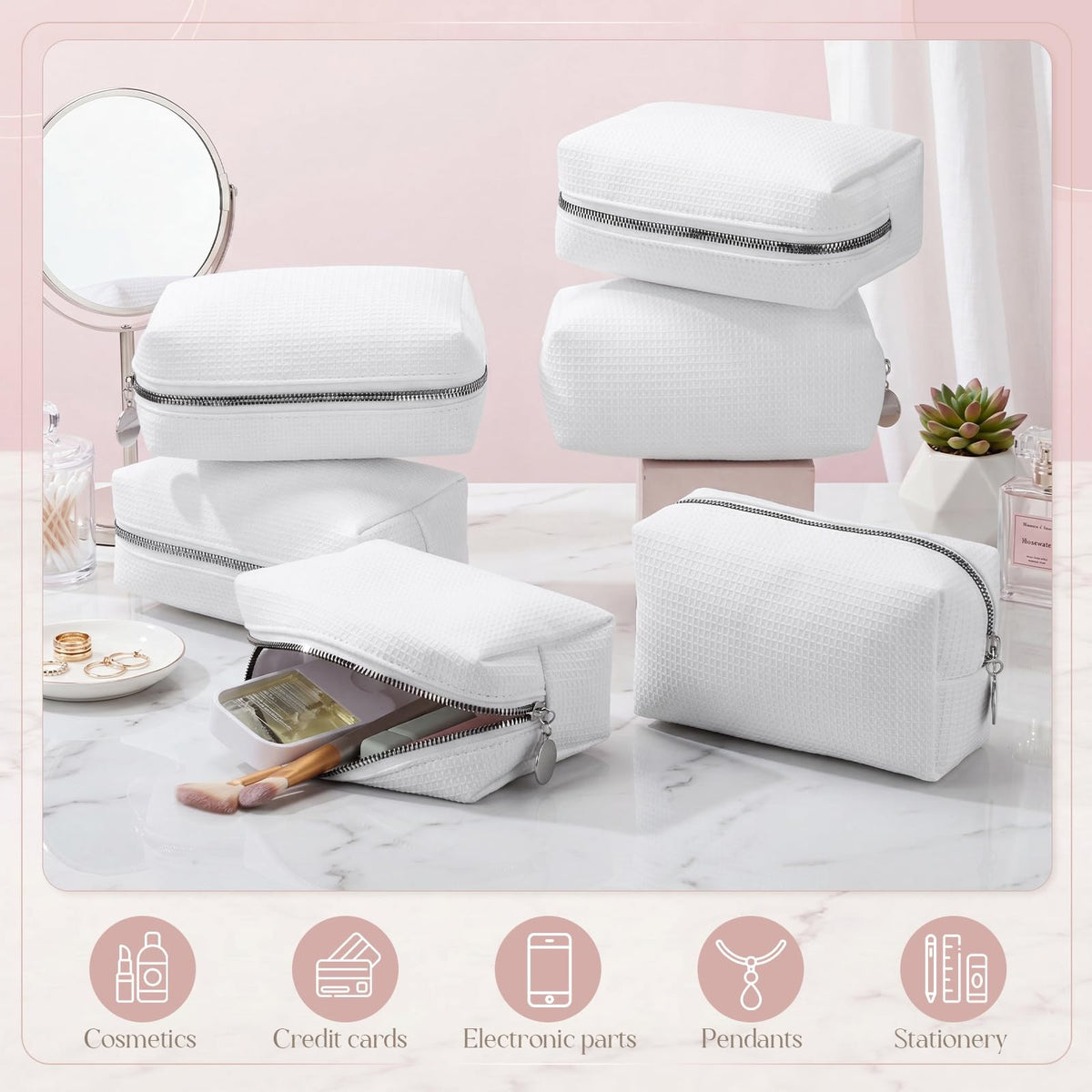 6 Pack Waffle Makeup Pouch Sets - Travel Cosmetic Organizer Bags in White