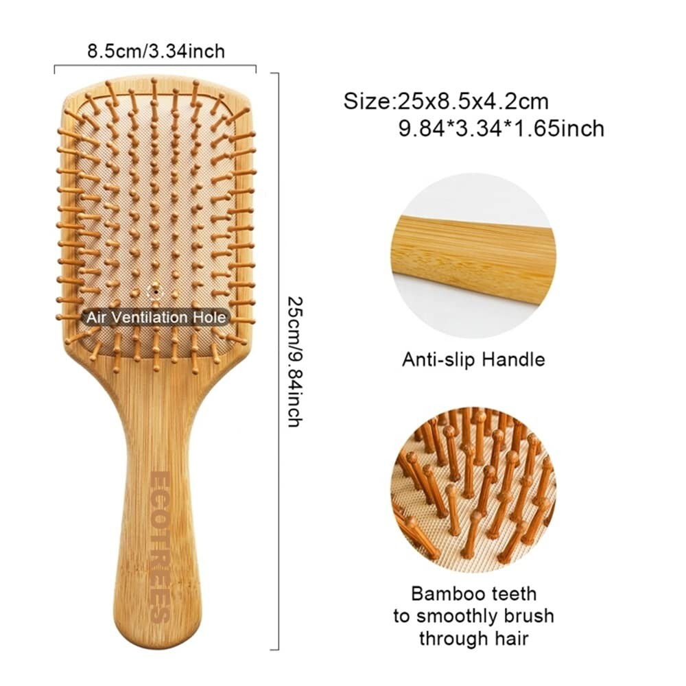 Large Wooden Paddle Hair Brush with Bamboo Bristles - Eco-Friendly Detangler
