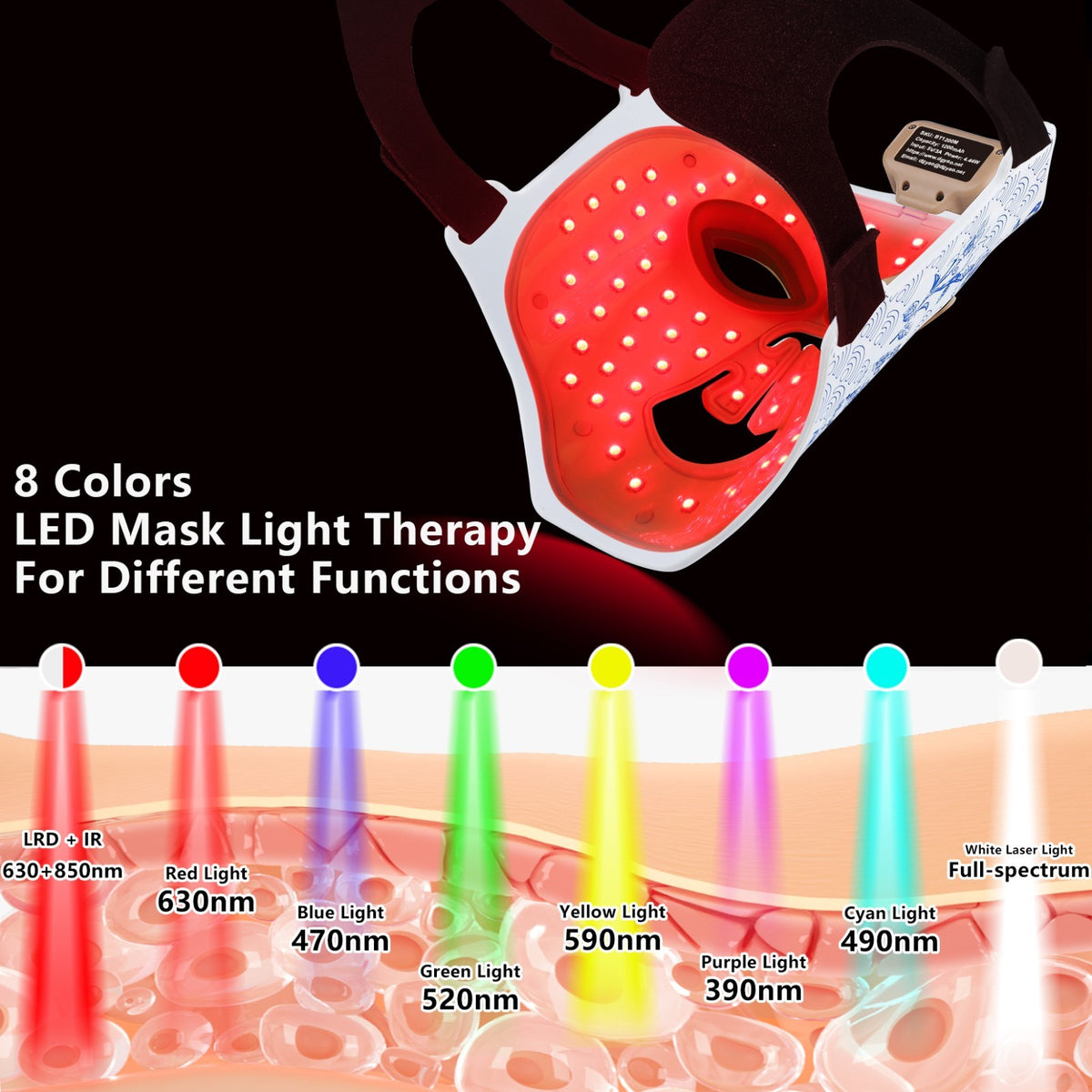 8-Color LED Red Light Therapy Face Mask, Cordless