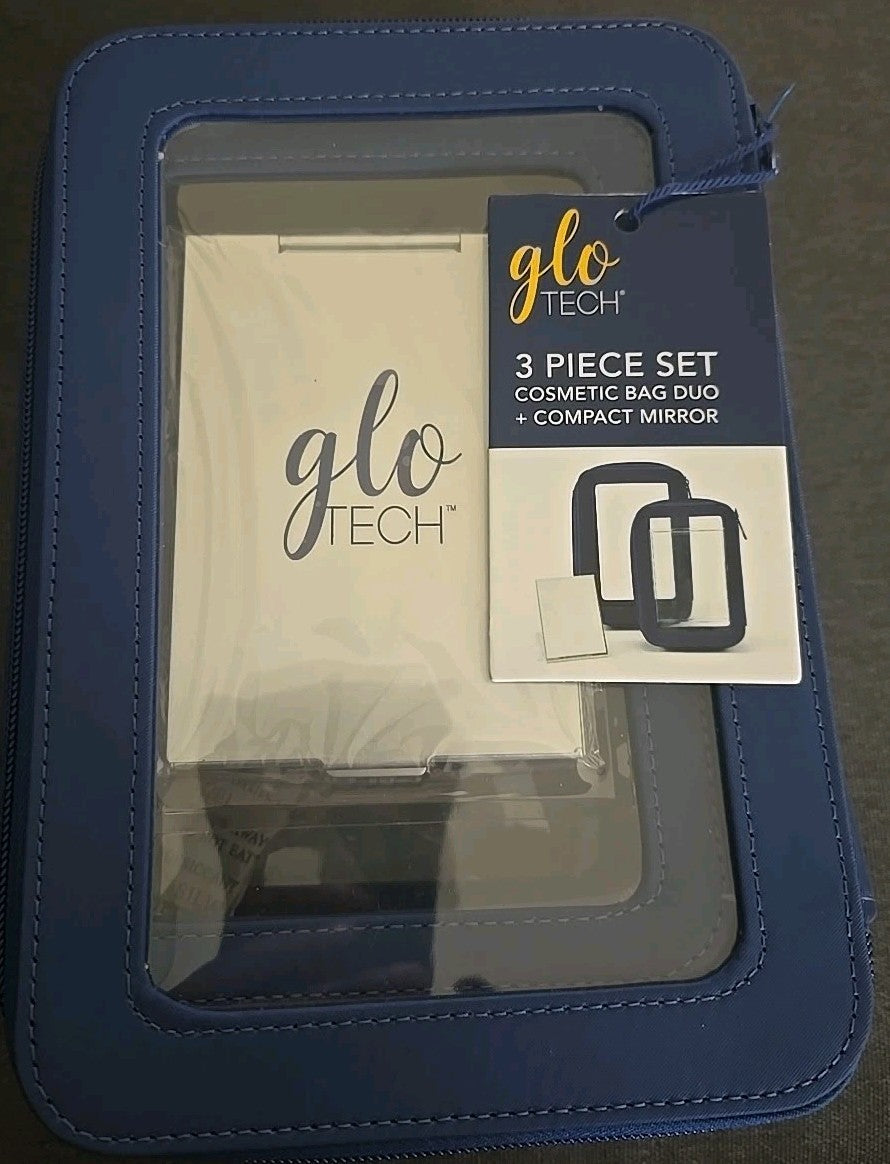 Navy Blue 3-Piece Cosmetic Bag Set with Compact Mirror - Makeup Organizer