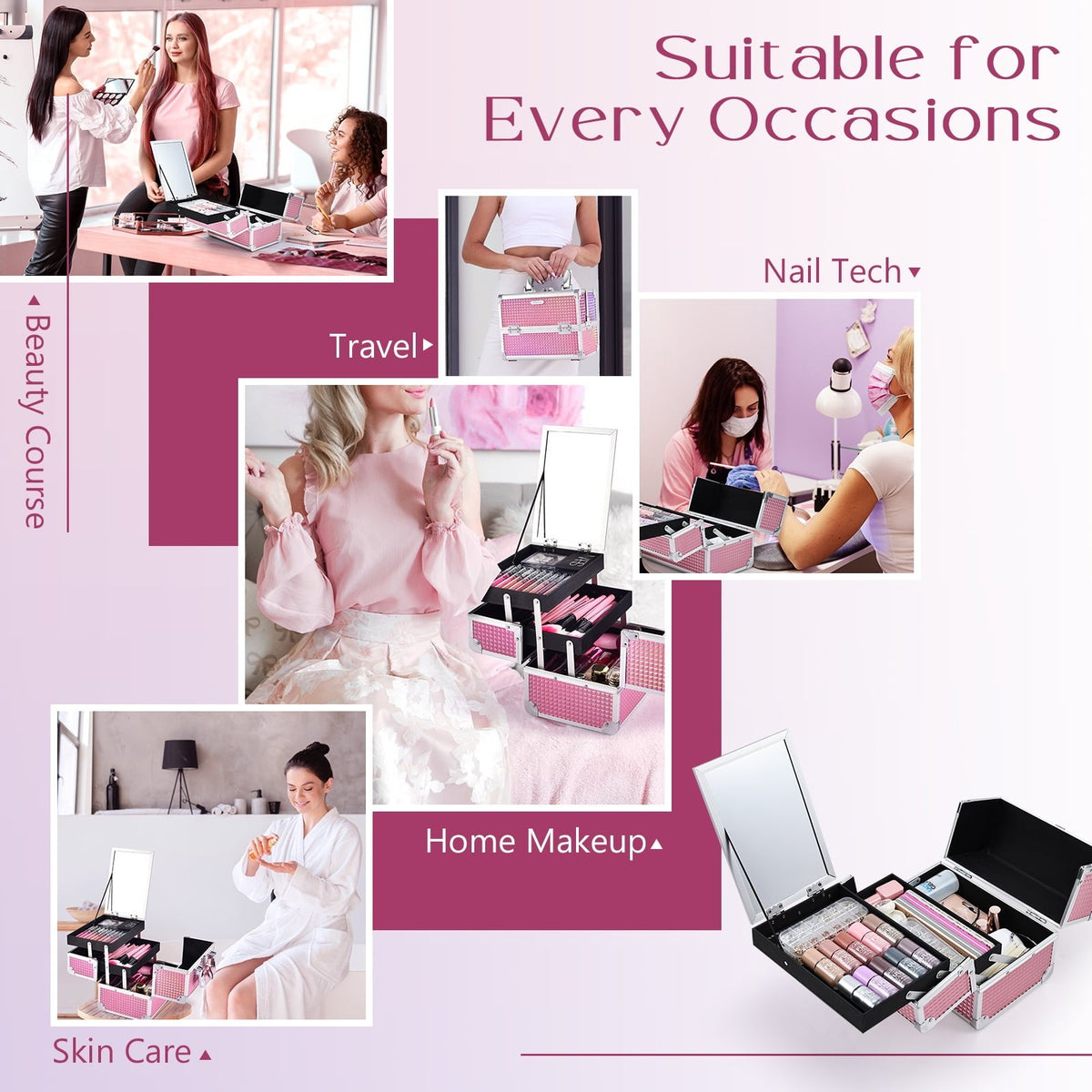 Large Pink Makeup Train Case with Mirror and Lockable Compartments