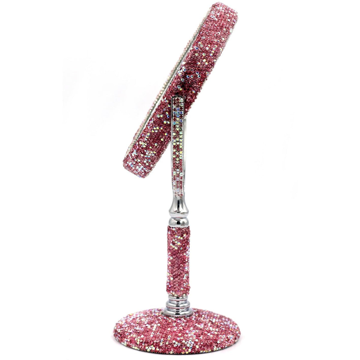 Pink Double-Sided Makeup Mirror with Rhinestones - 2X Magnification & Rotating