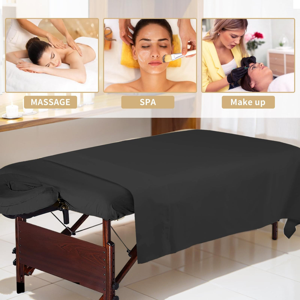 Microfiber Massage Table Sheets Set - 4 Pack, 3-Piece Black Bed Linens
