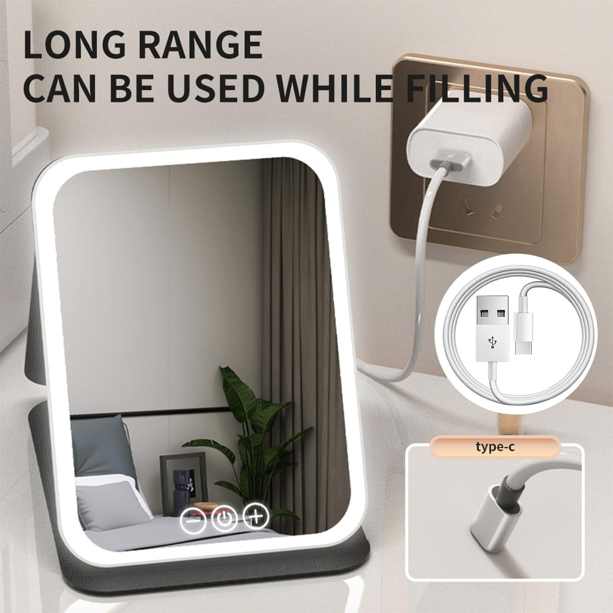 Travel Makeup Mirror with 3 Adjustable Lights, Touch Screen & USB Rechargeable