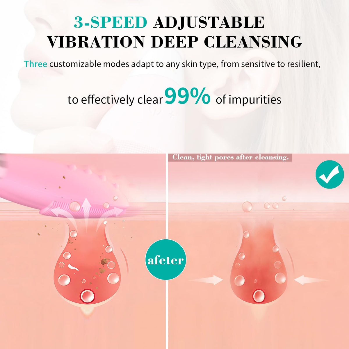 Rechargeable Silicone Facial Cleansing Brush with 5 Pink Modes & Metal Massage Head