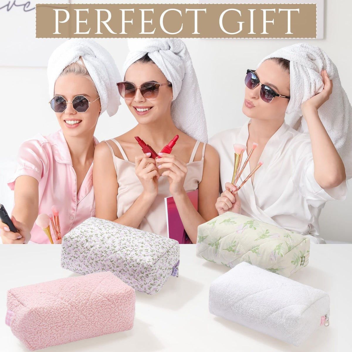 10 Pcs Quilted Makeup Bag Set with Floral Cotton Design Travel Organizer