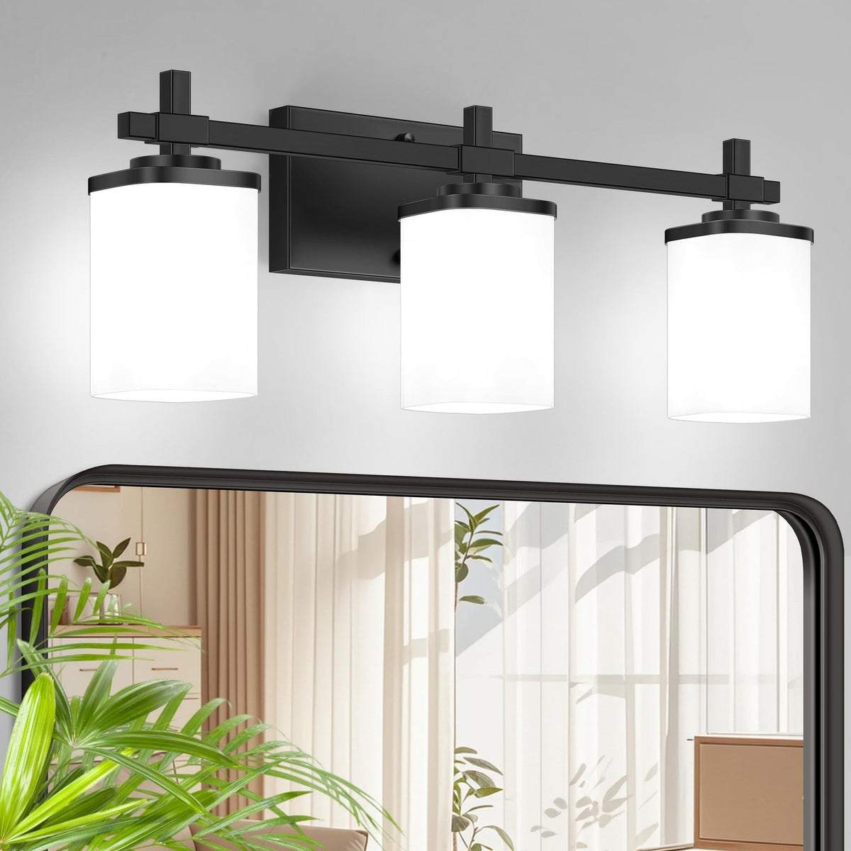 Modern Black Vanity Light Fixture with White Frosted Glass Shades - Bathroom Wall Mount, 3 Lights