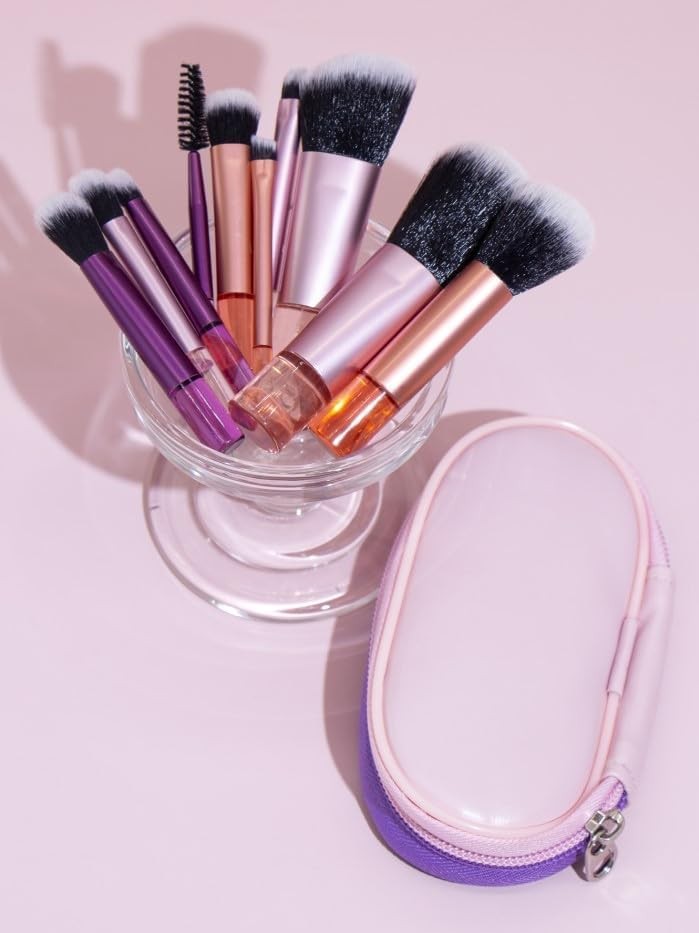 Portable 10-Piece Makeup Brush Set with Colorful Pouch - Travel Friendly