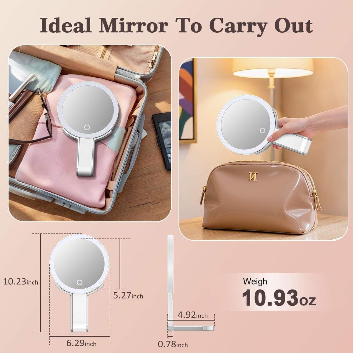 Travel Makeup Mirror with Lights and Magnification - 15X/1X Double Sided Portable LED Mirror, Dimmable Touch, White