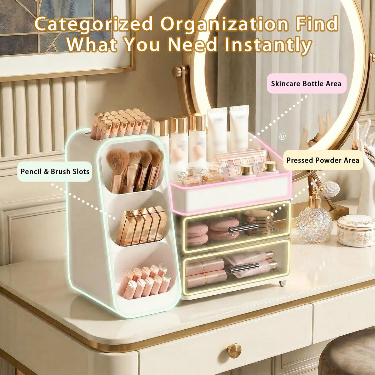 Large Capacity Makeup Organizer with Brush Holder for Vanity and Countertop