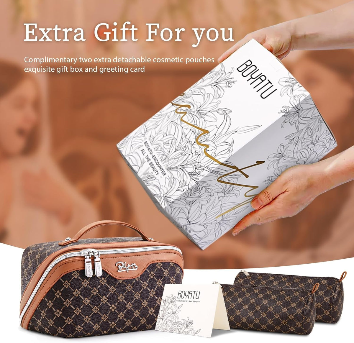 Travel Makeup Bag Set for Women - Large Vegan Leather Cosmetic Bags with Compartments & Handles