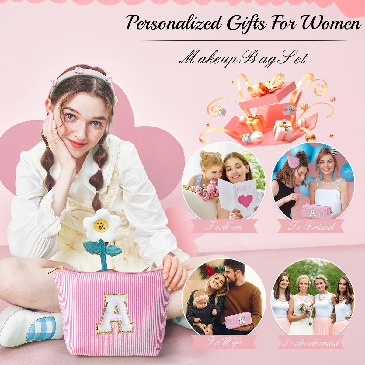 Pink Personalized Makeup Bag for Women and Girls - Gift for Birthday, Teen, Kids