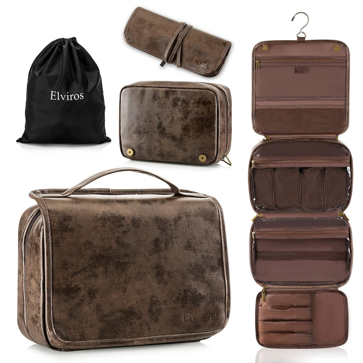 Travel Hanging Toiletry Bag with Removable Compartments - PU Leather Cosmetic Organizer