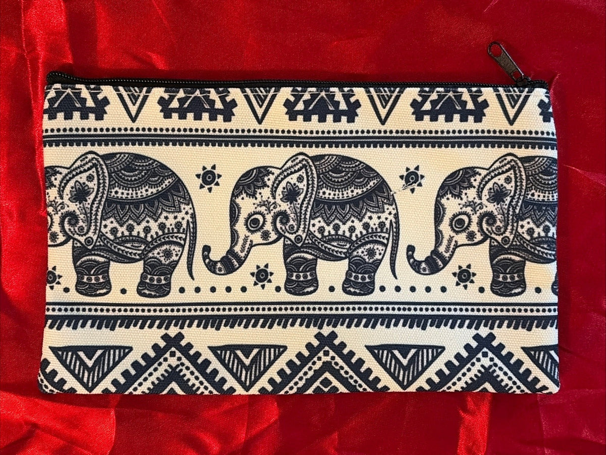 Elephant Cosmetic Bag Makeup Purse Clutch Organizer Blue Ivory Boho