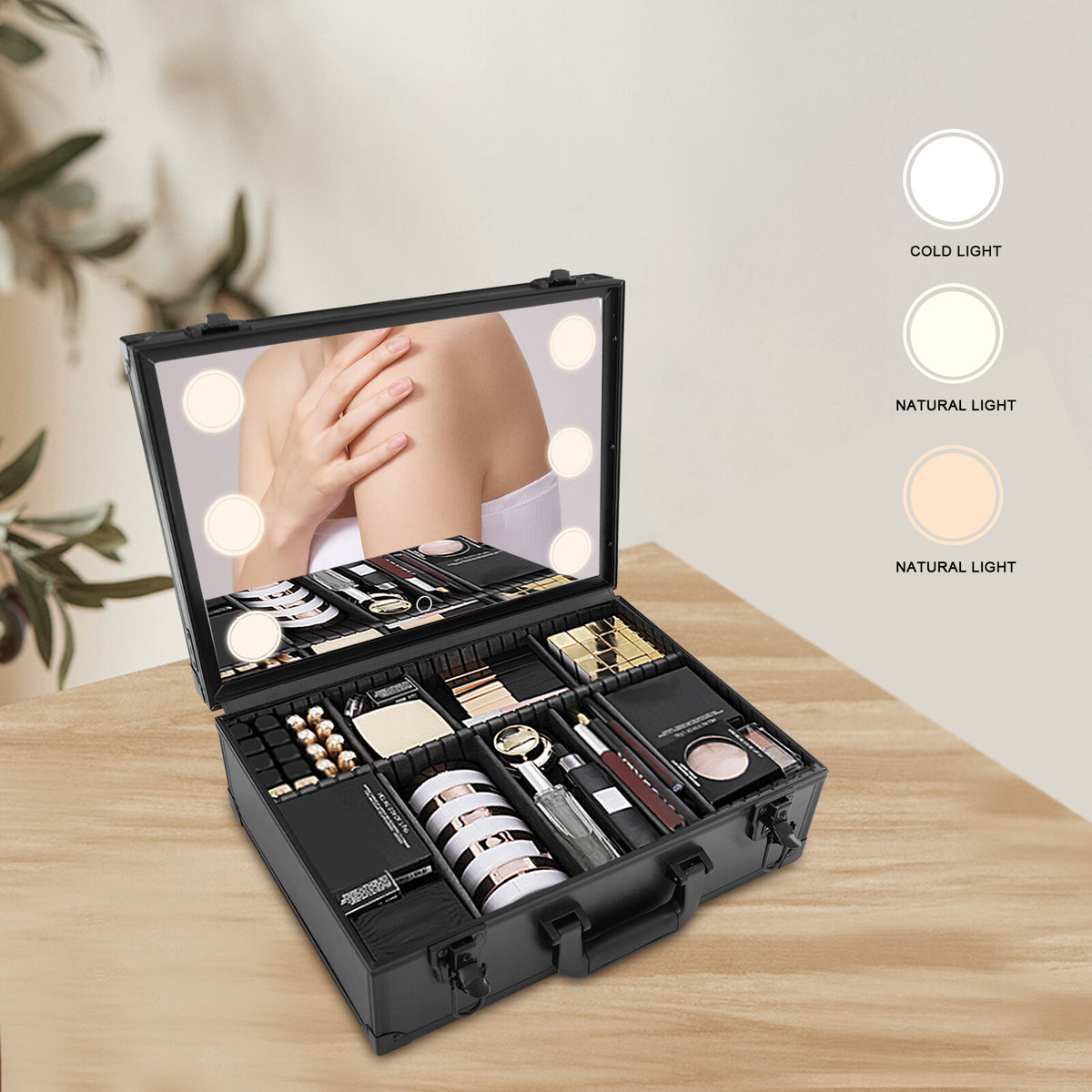 Large & Medium Makeup Train Case with LED Light & Adjustable Storage