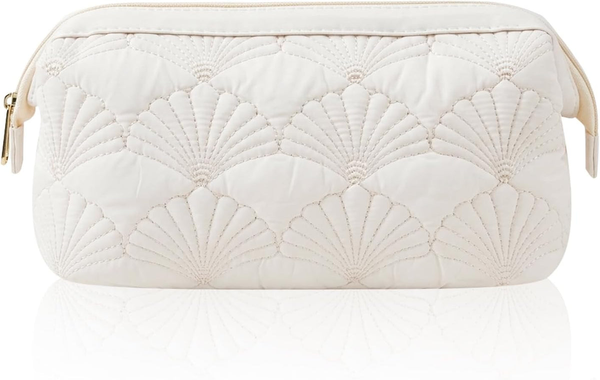 Travel Makeup Bag for Women - White Shell Padded Cosmetic Pouch with Wide Opening
