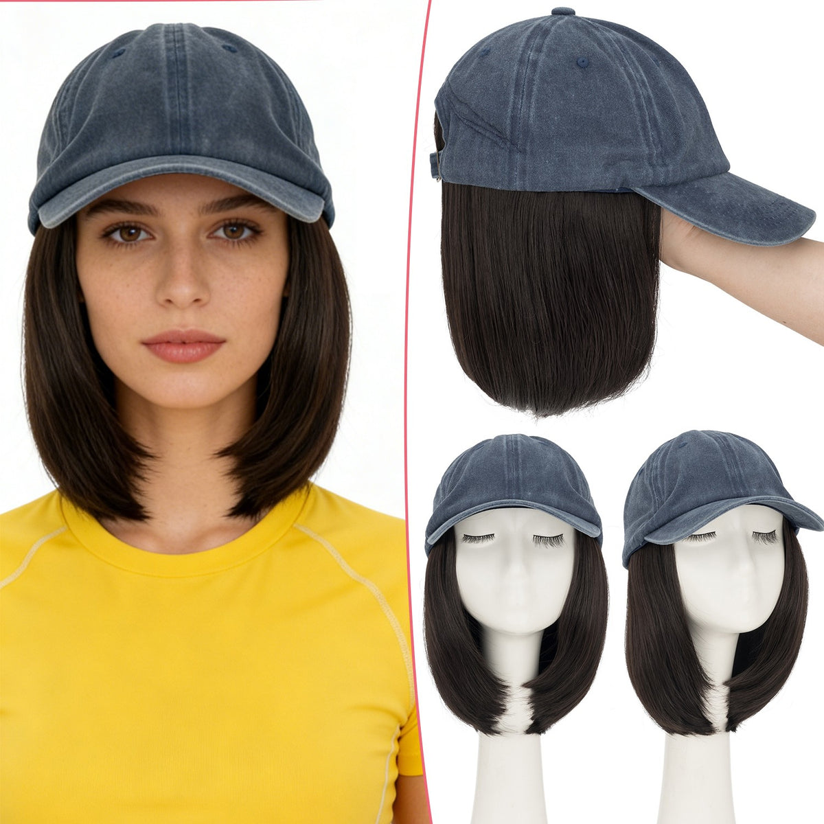 6-Inch Baseball Cap with Detachable Straight Wig for Women, Sun Hat, Cosplay