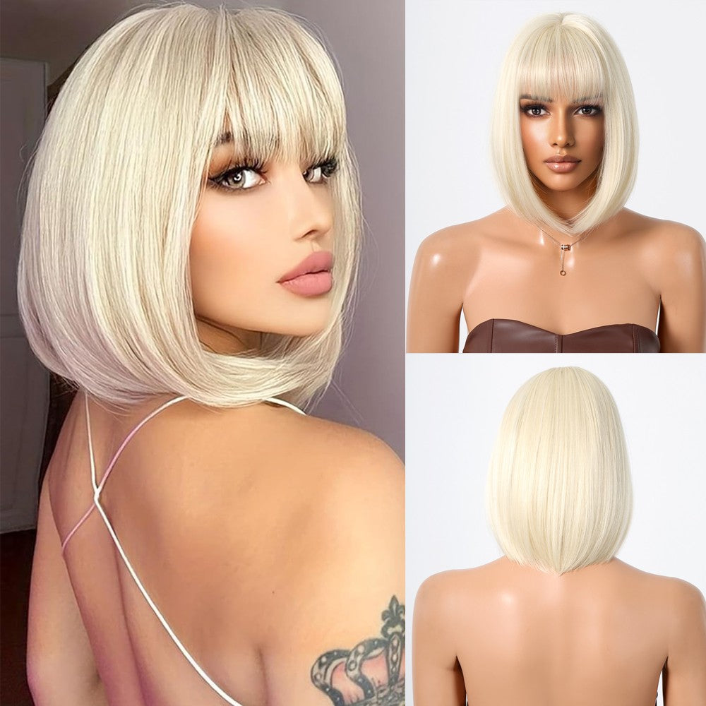 Heat Resistant Blonde Bob Wig with Bangs, Natural Straight Style