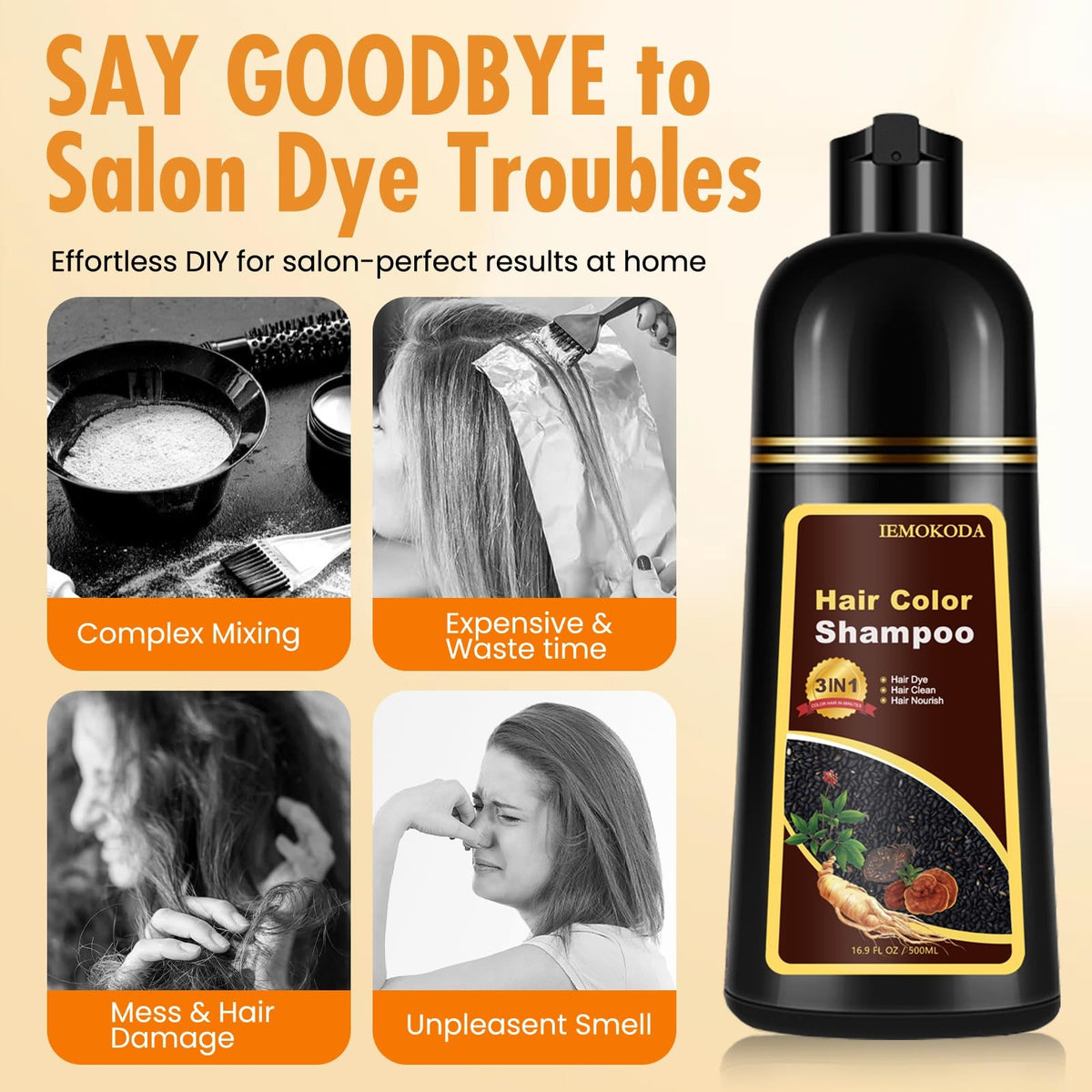 Instant Dark Coffee Hair Dye Shampoo for Gray Hair, 3-in-1 Formula