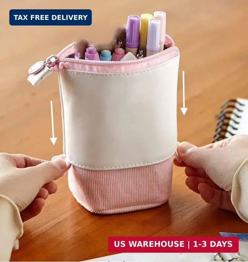 Retractable Pencil Bag Pen Organizer with PU Corduroy Stand-up Design