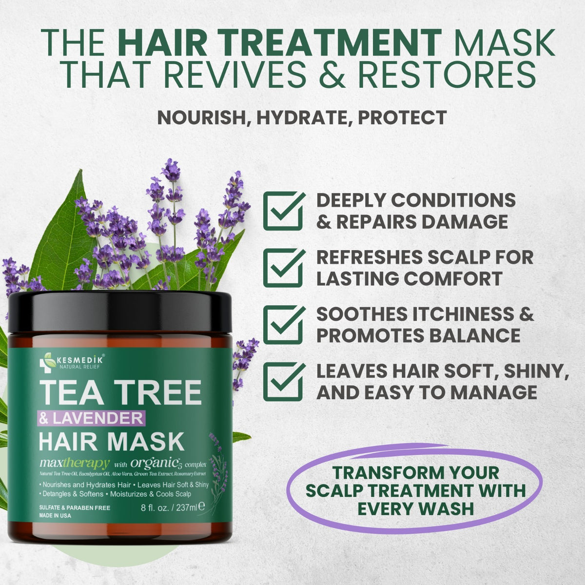 Tea Tree Oil Hair Mask for Dry Damaged Hair & Scalp Repair - Biotin & Argan Oil